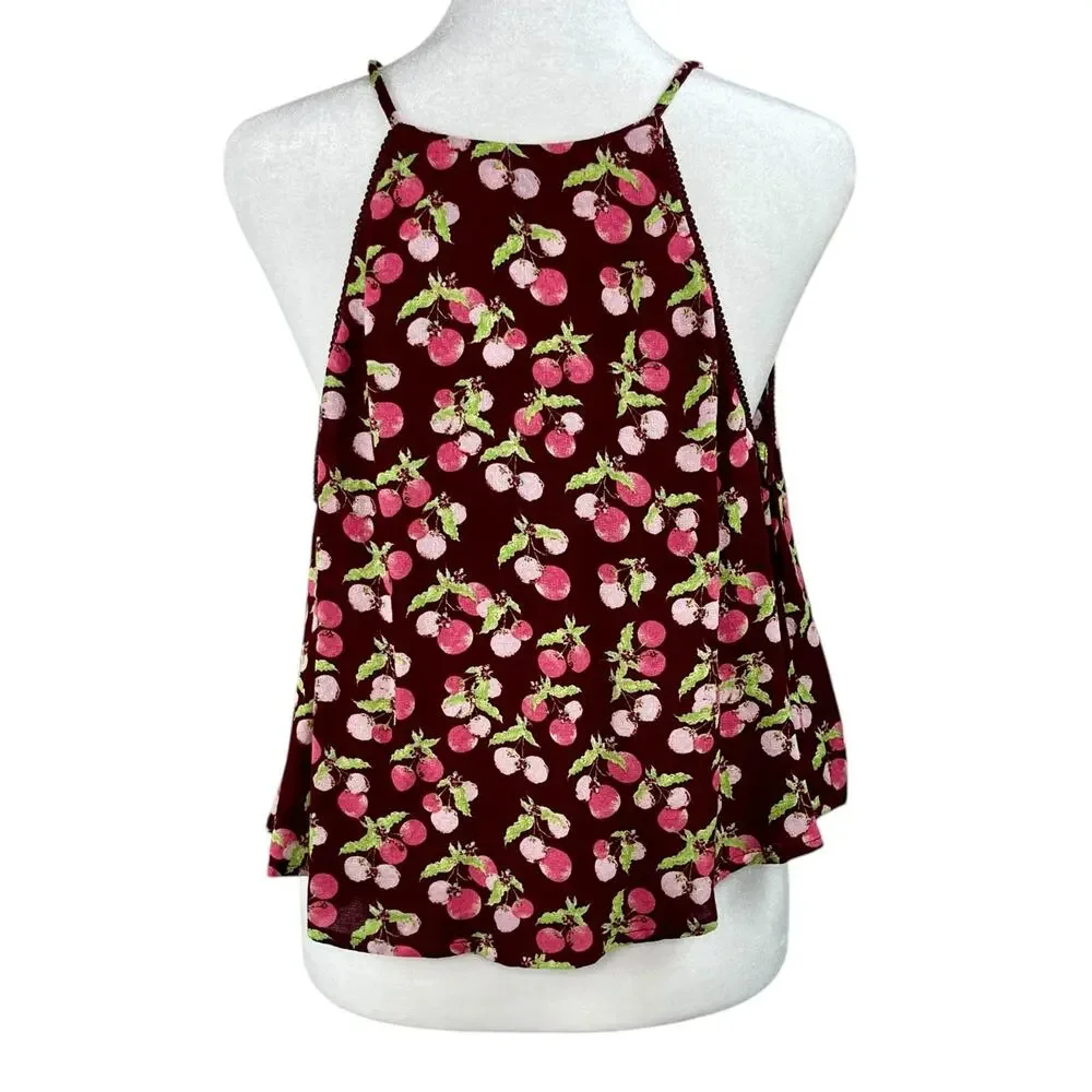 Free People Intimately Worth It Fruit Print Cami Tank Top Burgundy Wine Small